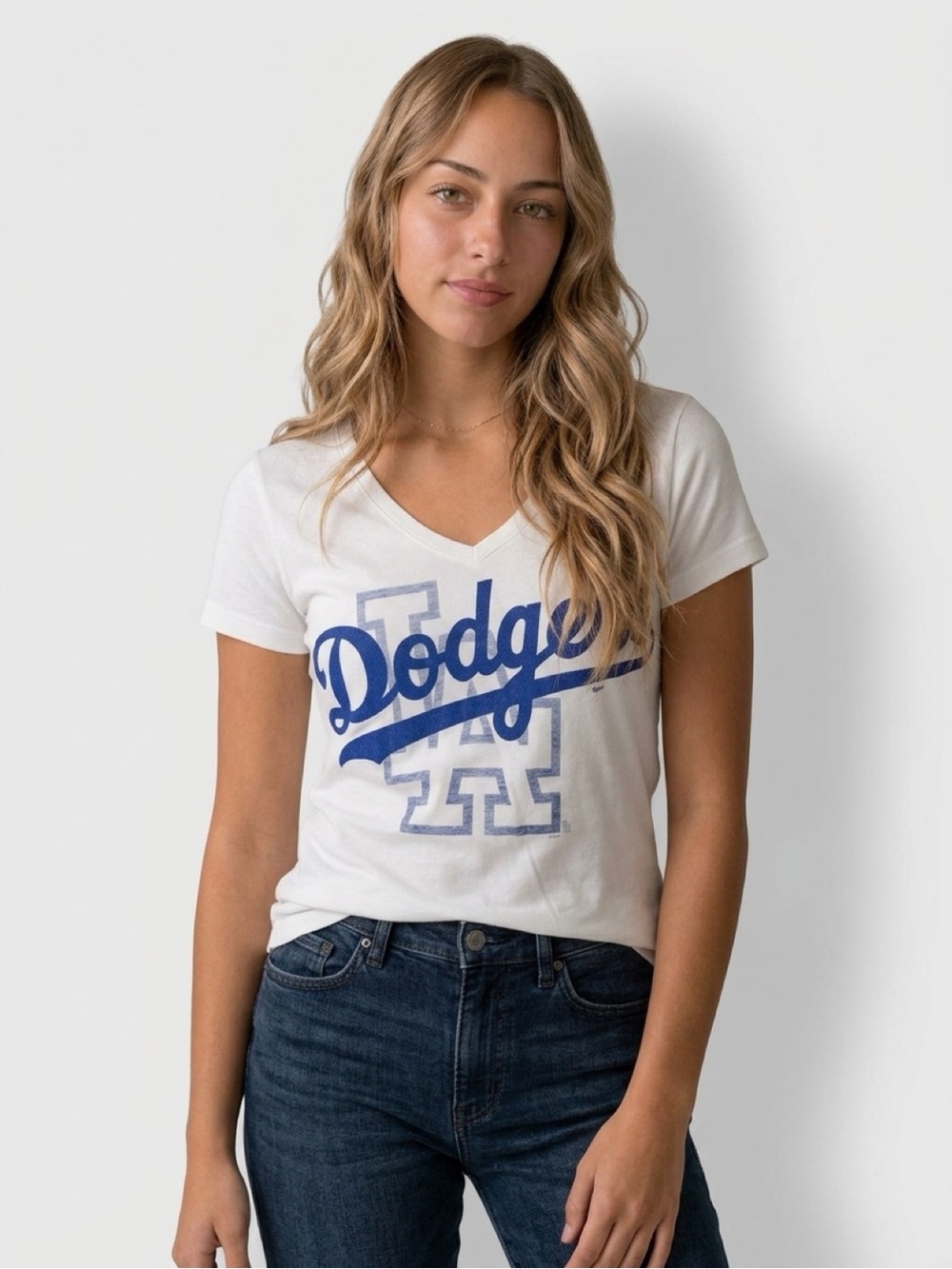 Nike White Dodgers V-Neck Tee with Blue Logo